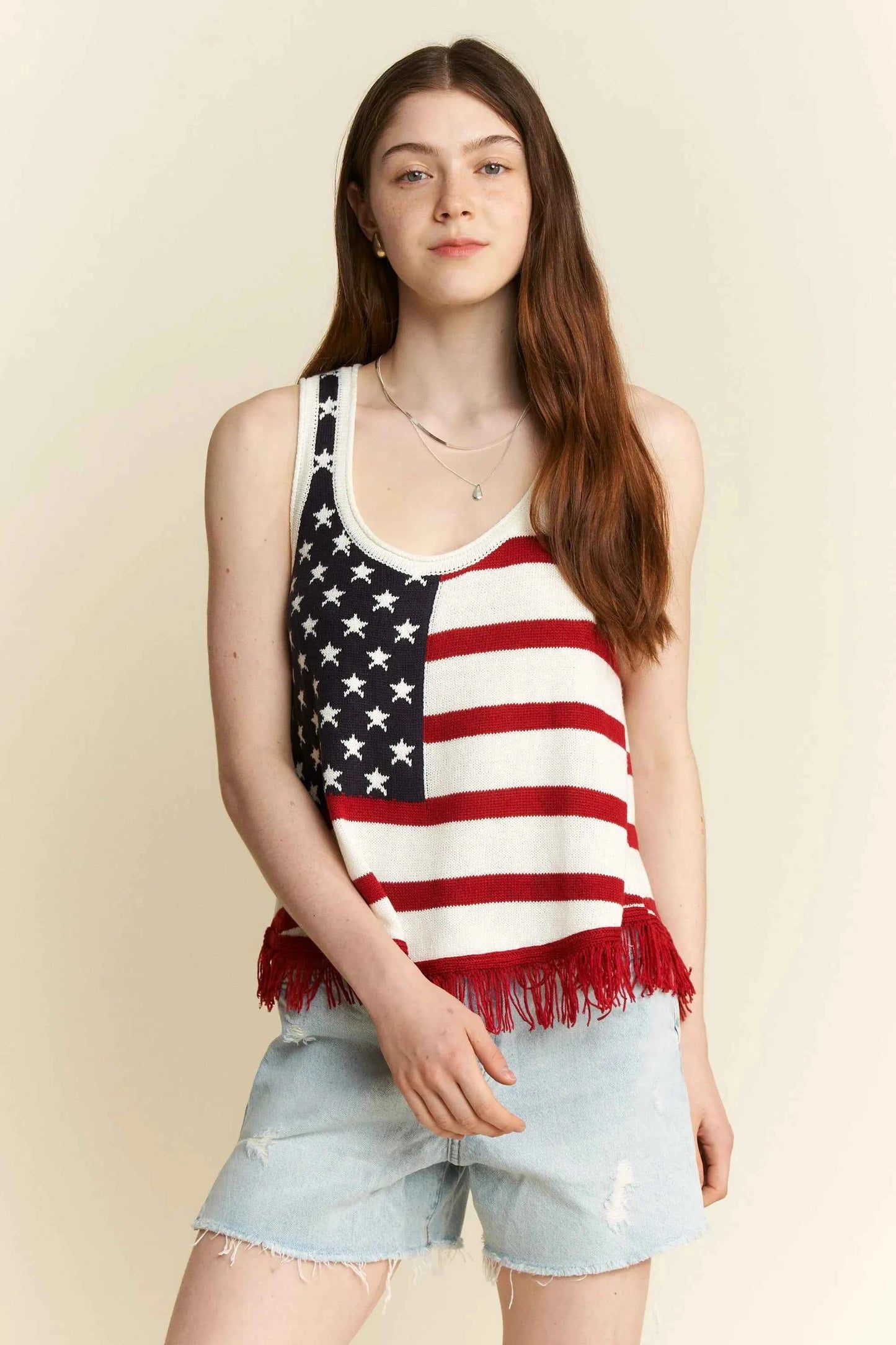 Jade By Jane Full Size American Flag Fringe Tank Top Plus Size