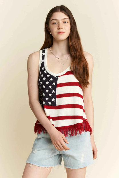 Jade By Jane Full Size American Flag Fringe Tank Top Plus Size