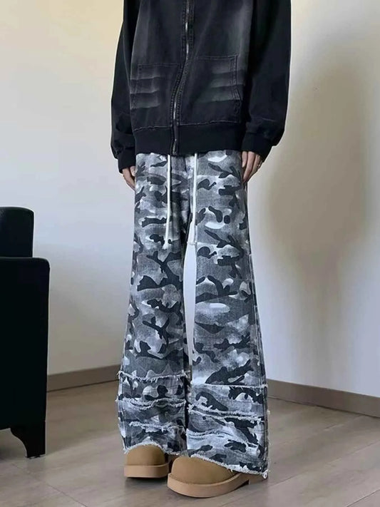 Men's Full Size Raw Hem Camo Wide Leg Jeans Plus Size