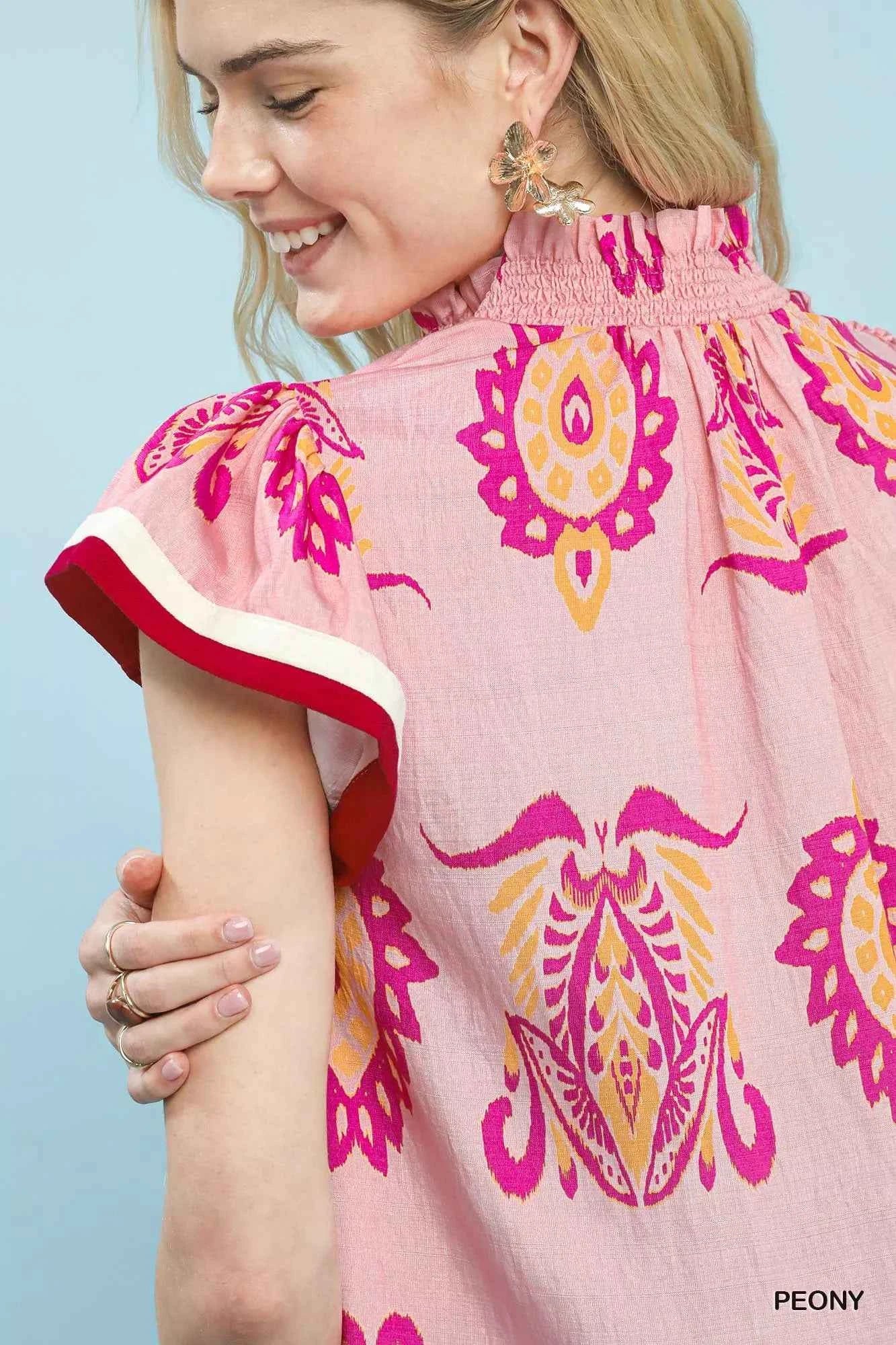 Umgee Border Print Split-Neck Boho Top