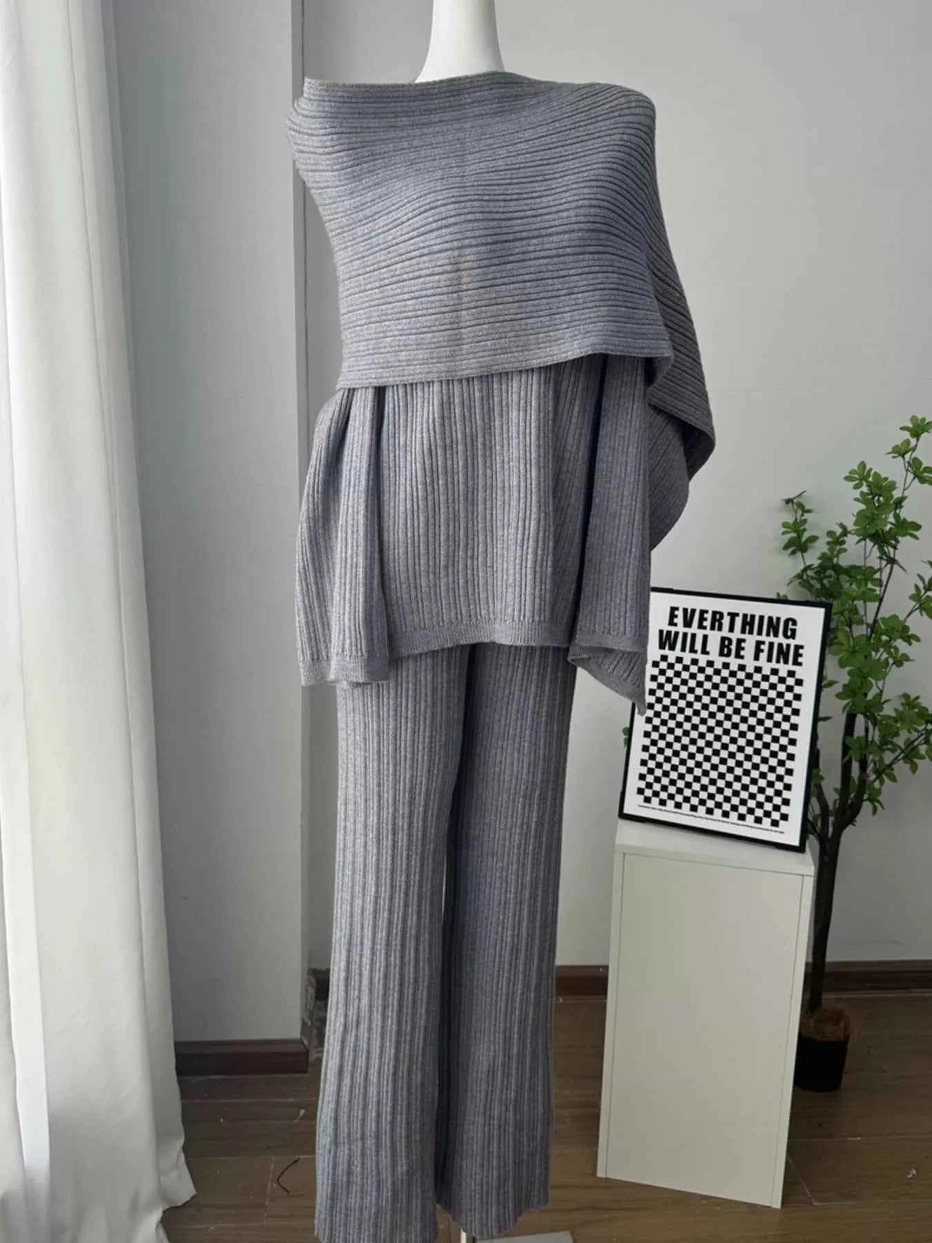 3-Piece Crew Neck Ribbed Sweater and Wide-Leg Pants Set with Scarf