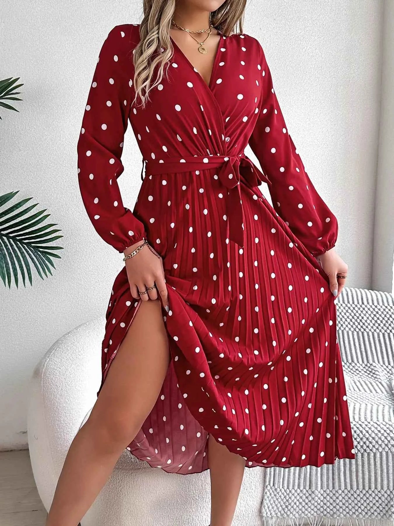 Front Tie Polka Dot Midi Pleated Dress