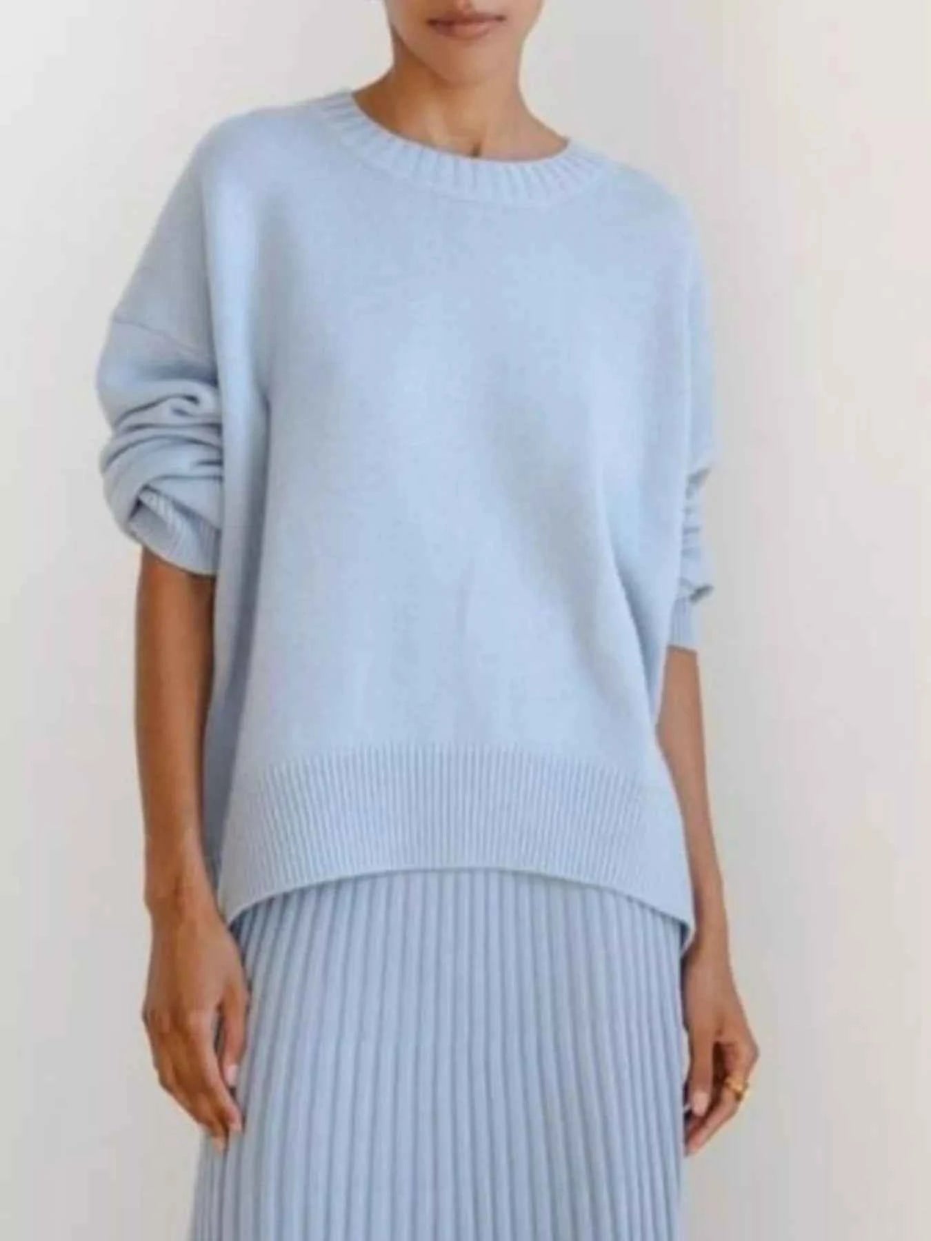 Ribbed Hem Round Neck Sweater