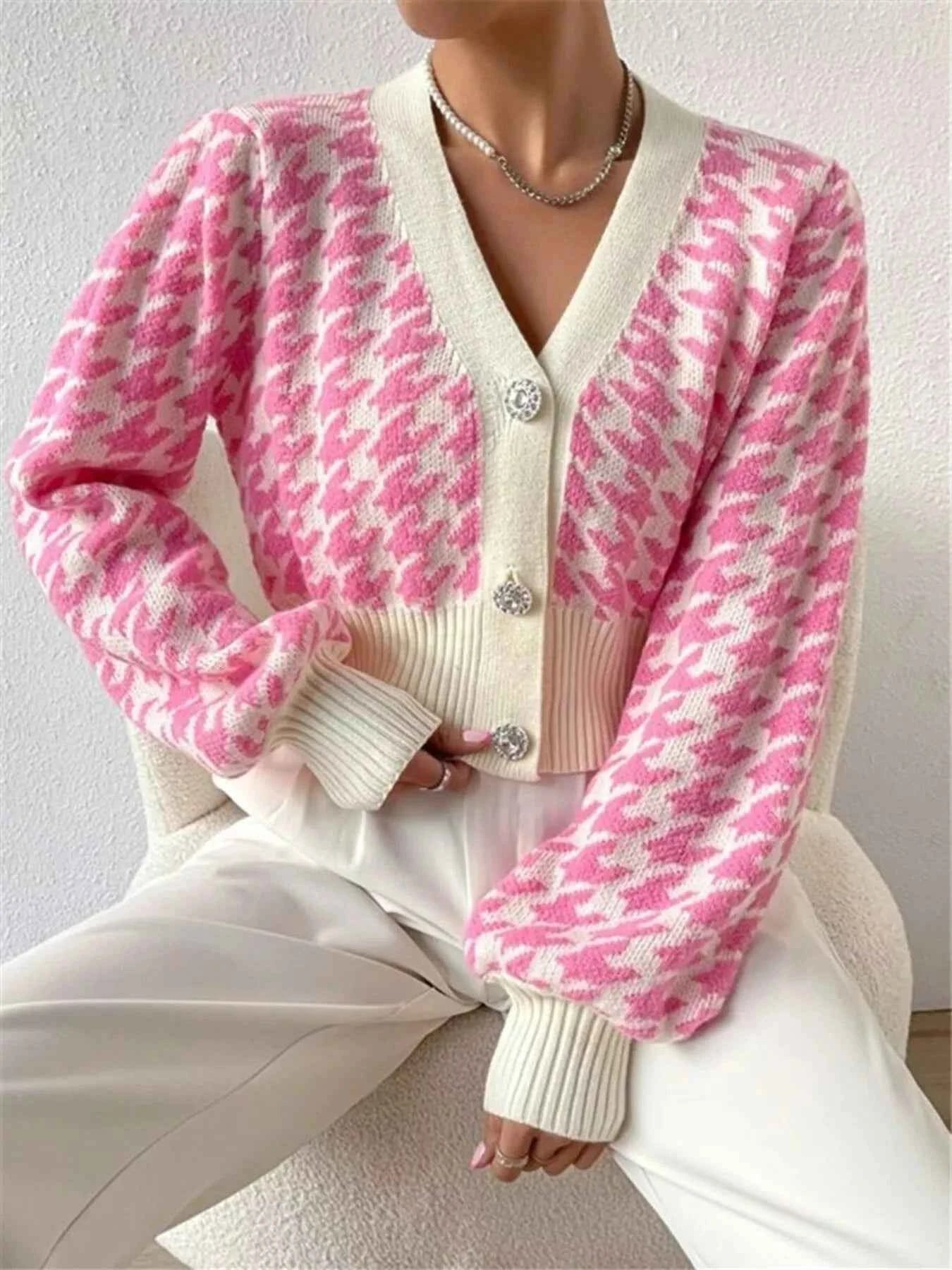 Houndstooth V-Neck Button Up Cardigan