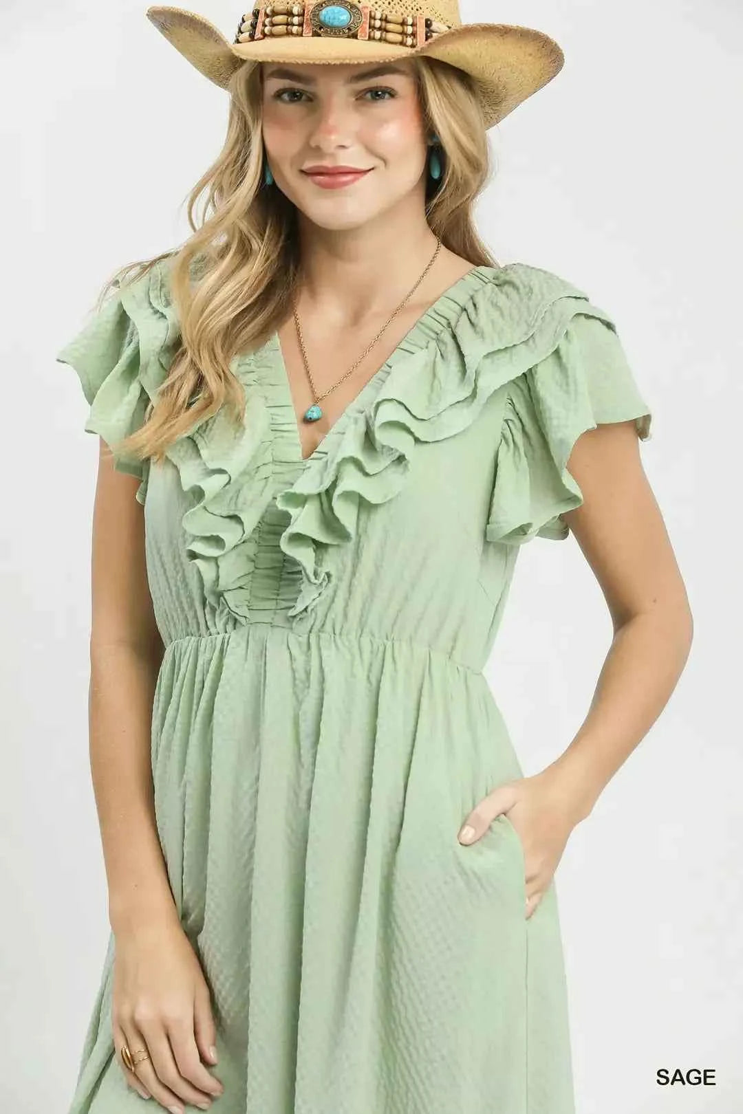Umgee Textured Ruffle Midi Dress