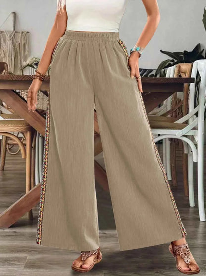 Bohemian Wide Leg Embroidered Side Stripe Pants