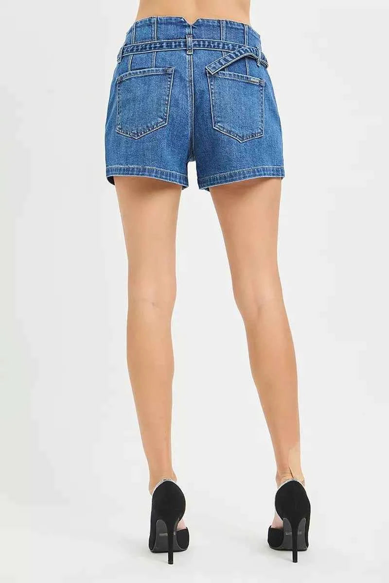 RISEN Double Button Slouchy Denim Shorts with Belt