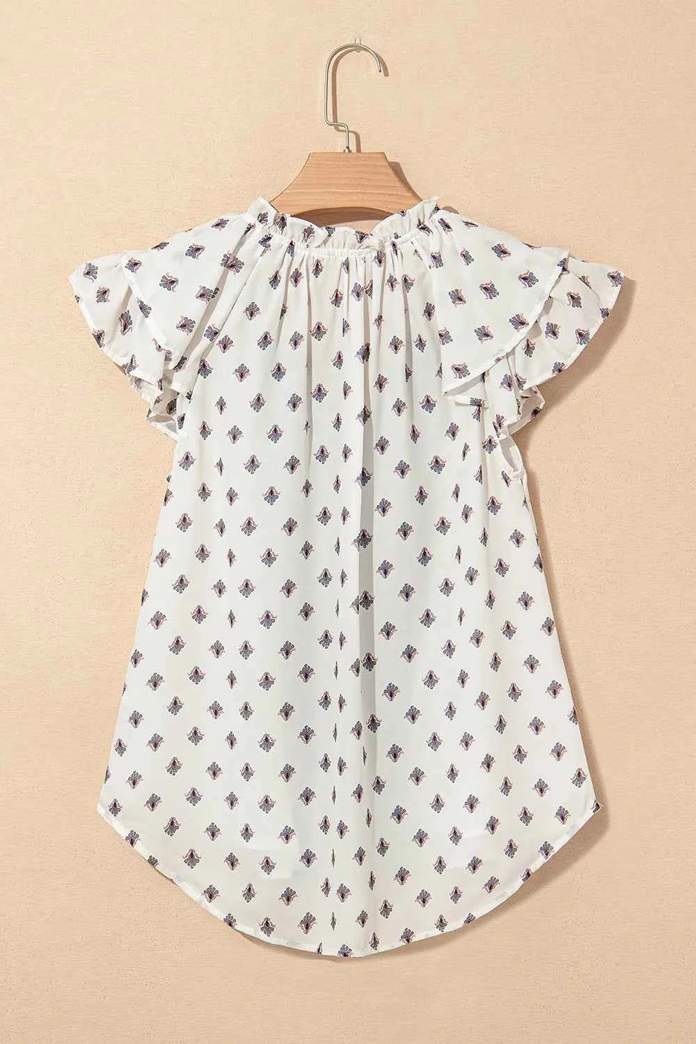 Boho Pattern Tiered Ruffled Sleeve V Neck Buttoned Blouse