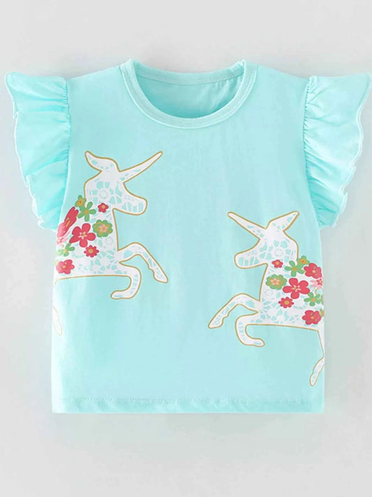 Children's Cute Unicorn Floral Print Ruffle Sleeve T-Shirt