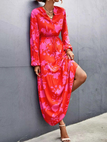 Floral Drawstring Waist Long Sleeve Maxi Dress