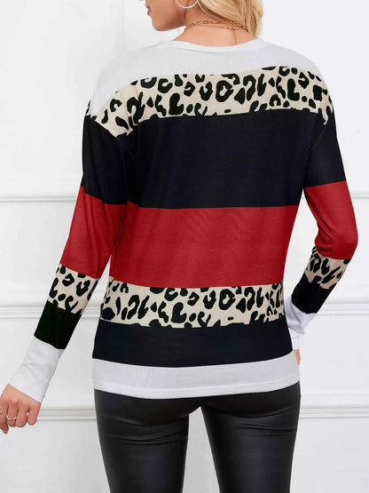 Leopard Color Block Striped Knit Top