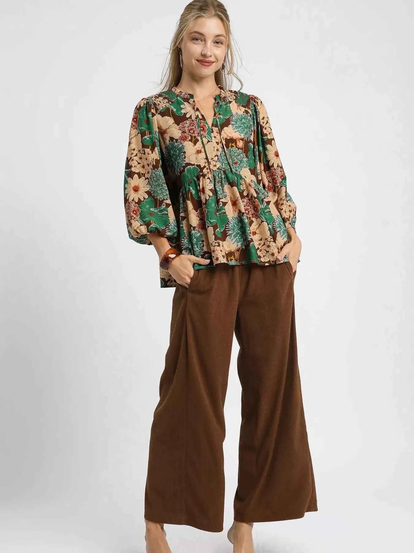 Umgee Mix Floral Peplum Blouse with Tie Neck