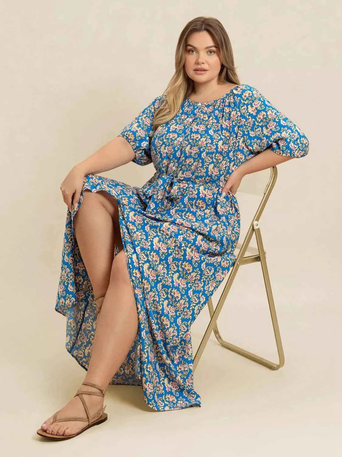 Plus Size Floral Print Maxi Dress with Side Slit