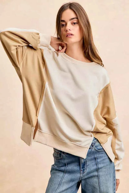 BiBi French Terry Color Block Top With Open Seam Detail