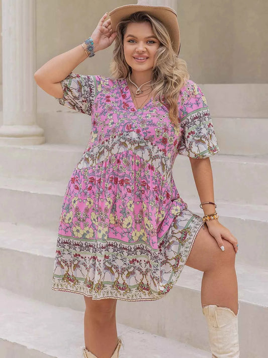 Plus Size Floral Print V-Neck Puff Sleeve Summer Dress