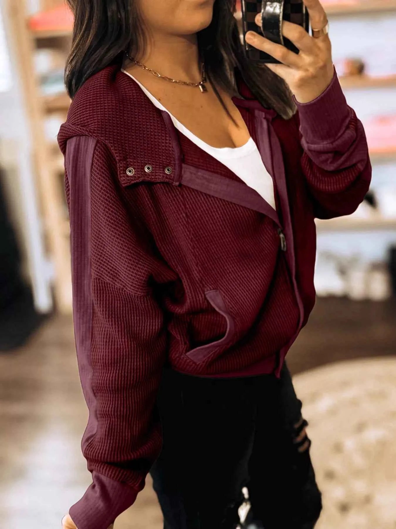 Waffle Zip Up Hooded Jacket with Pockets