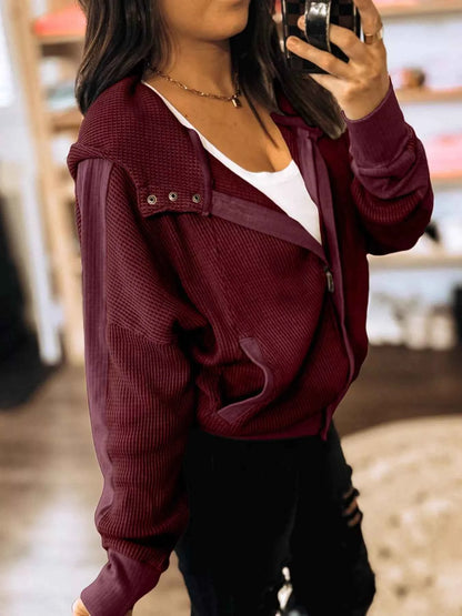 Waffle Zip Up Hooded Jacket with Pockets