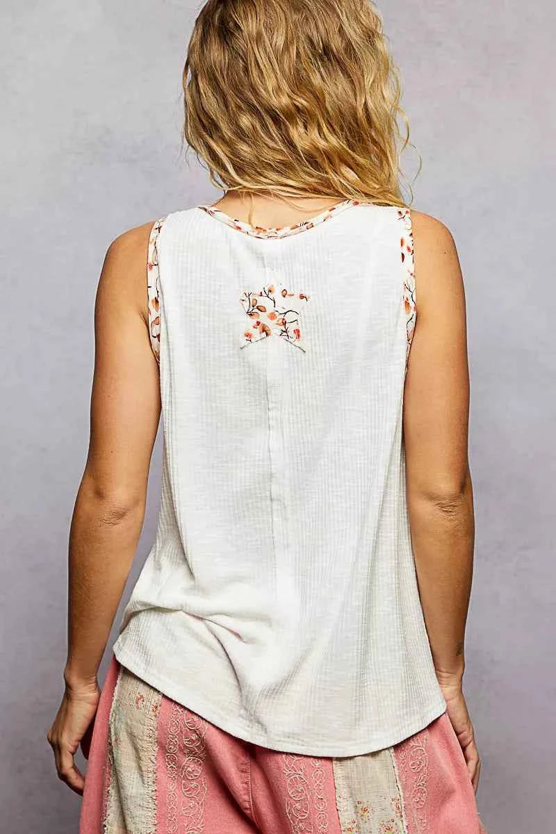 POL Floral Print Star Patch V-Neck Ribbed Tank