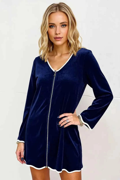 Double Take Wave Contrast Trim V-Neck Zip Up Long Sleeve Mini Dress