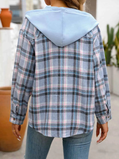 Plaid Button-Up Hooded Shirt with Chest Pocket