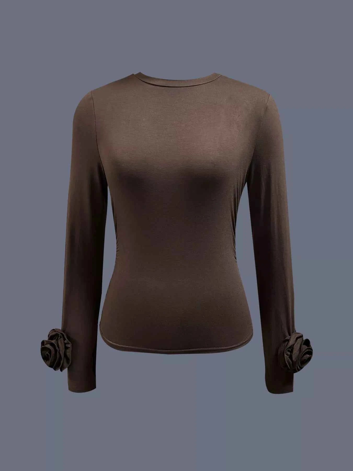Ruched Long Sleeve T-Shirt with Floral Cuff Detail