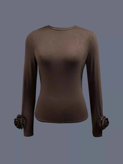 Ruched Long Sleeve T-Shirt with Floral Cuff Detail