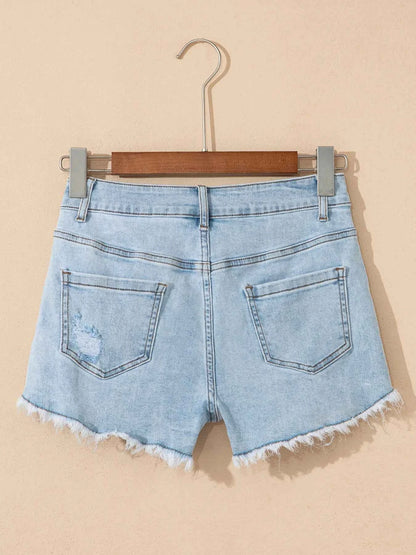 High Rise Distressed Raw Hem Denim Shorts