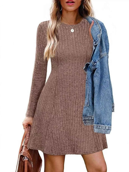 Ribbed Knit Long Sleeve A-Line Dress