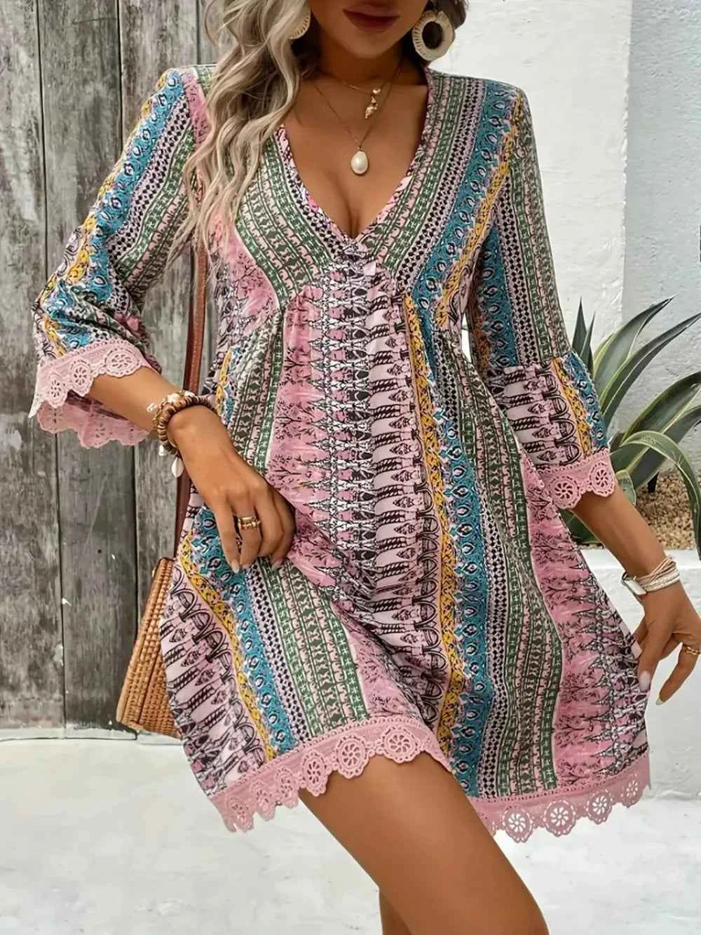 Lace Trim Printed V-Neck 3/4 Sleeve Dress