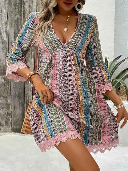 Lace Trim Printed V-Neck 3/4 Sleeve Dress
