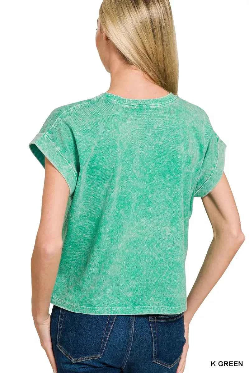 Zenana Halo Washed Cotton Cuffed Short Sleeve Top