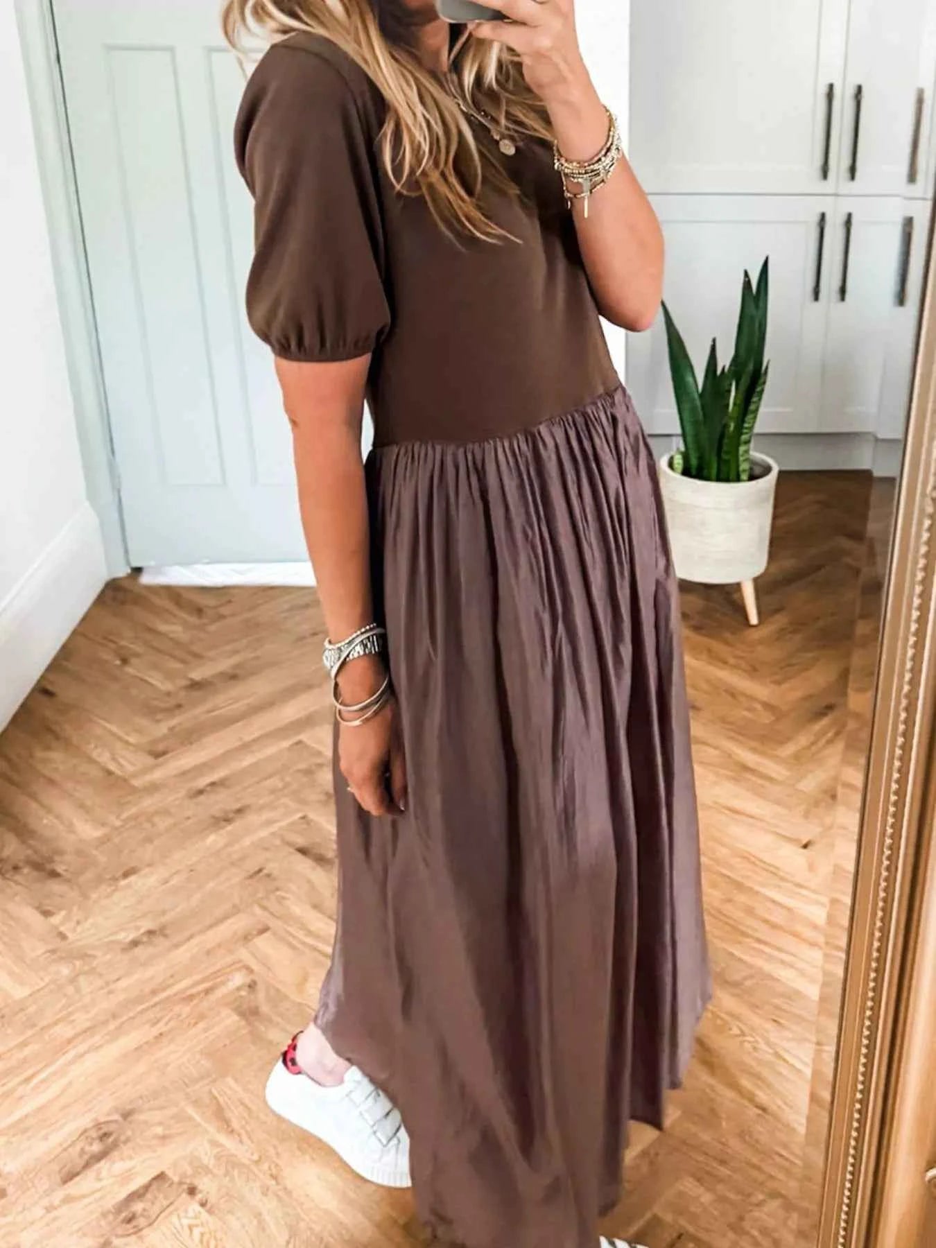 Short Sleeve Knit Top Patchwork Pleated Dress