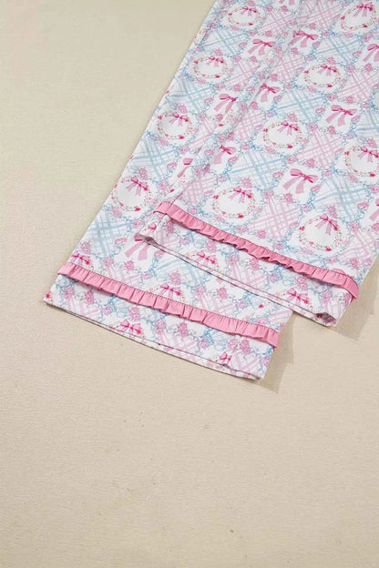 Wreath Pattern Christmas Tied Front Long Sleeve 2pcs Pajama Set