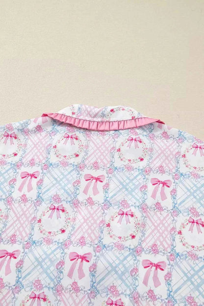 Wreath Pattern Christmas Tied Front Long Sleeve 2pcs Pajama Set