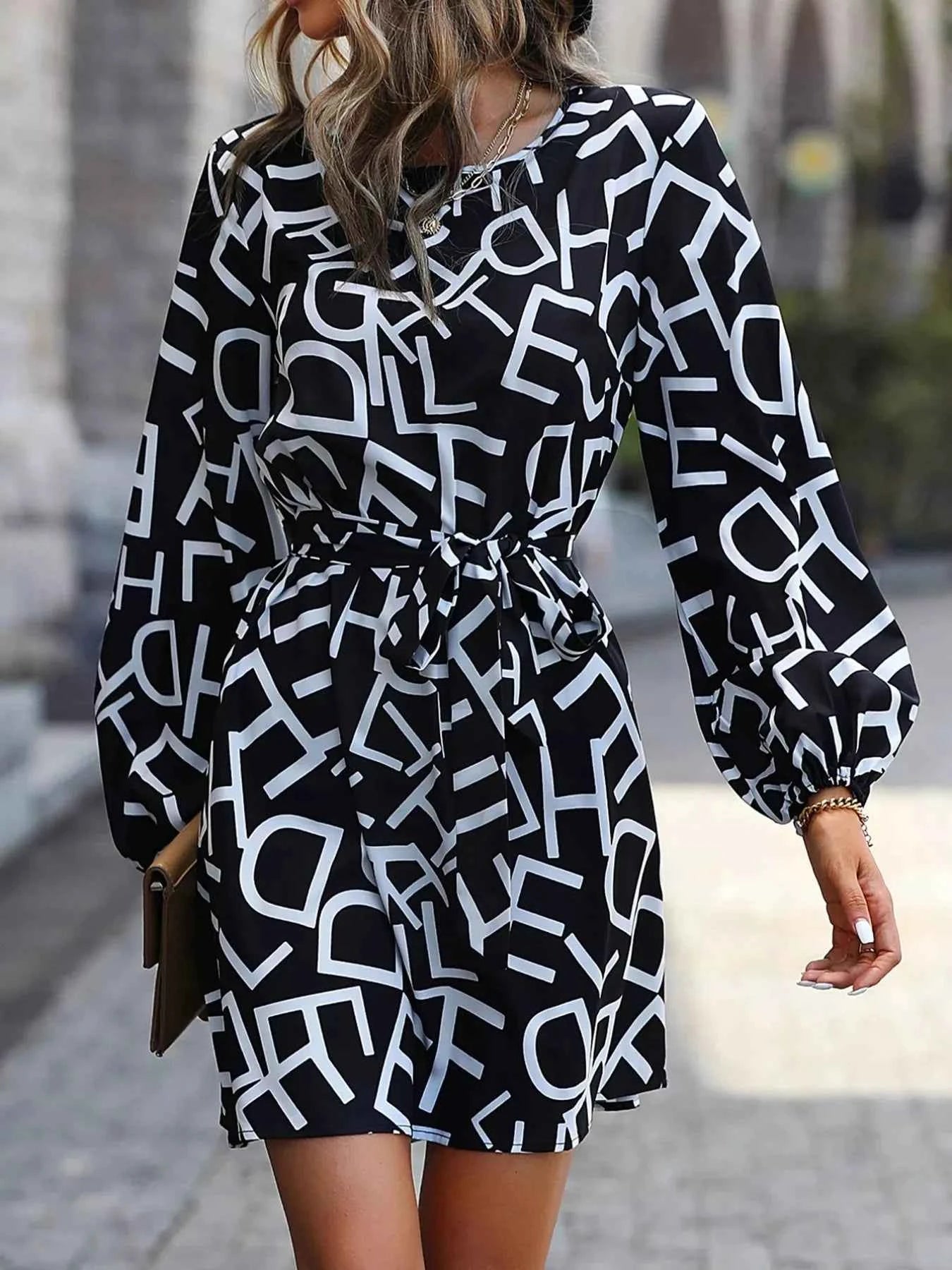 Letter Print Balloon Sleeve Dress