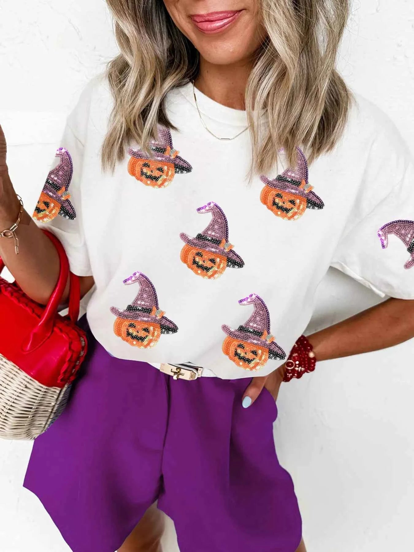 Sequin Pumpkin Witch Halloween Tee