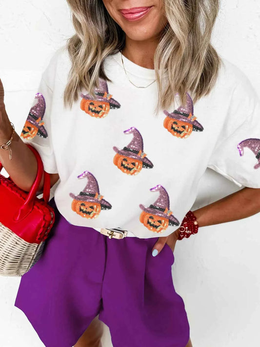 Sequin Pumpkin Witch Halloween Tee