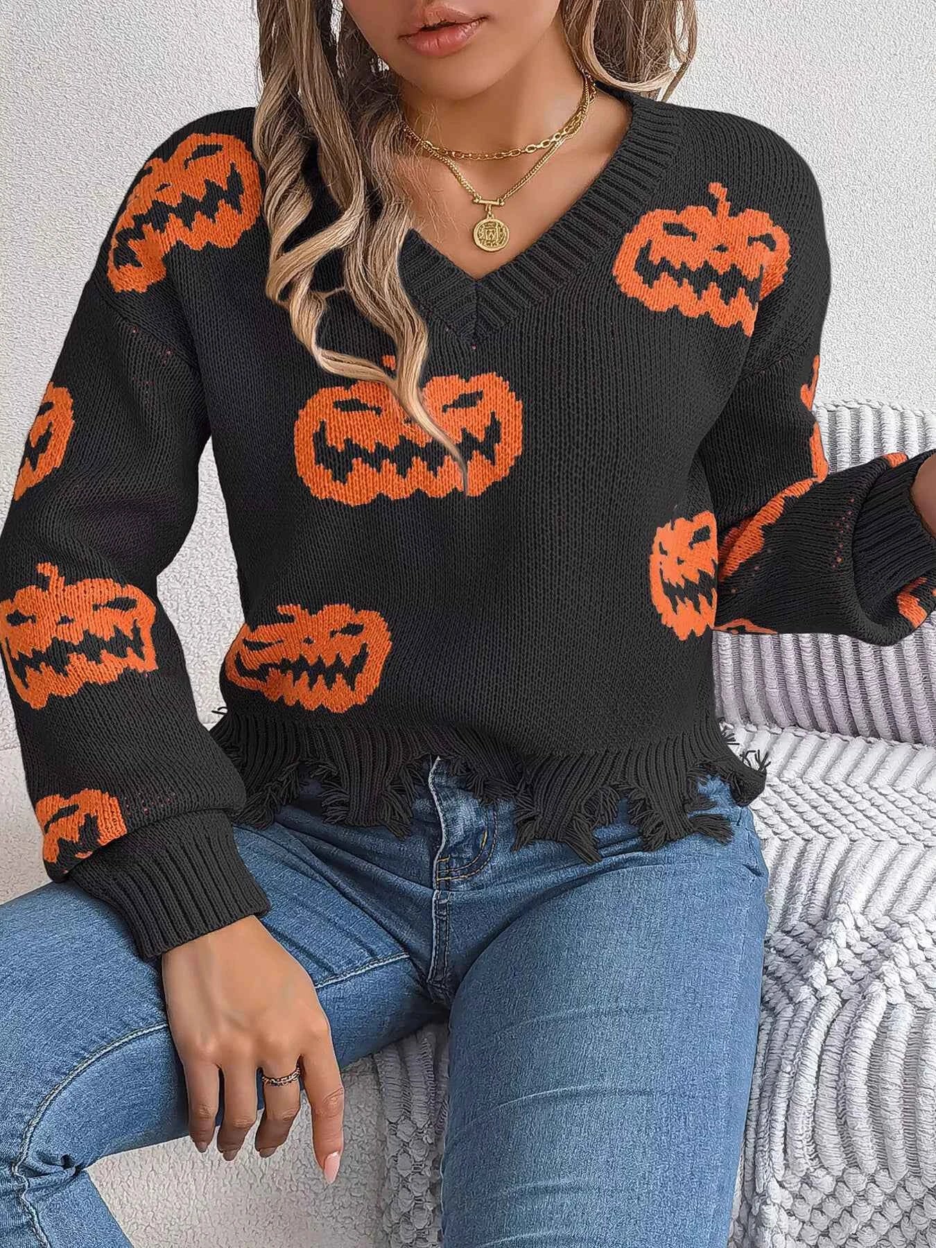 Halloween Pumpkin Pattern Raw Hem V-Neck Sweater