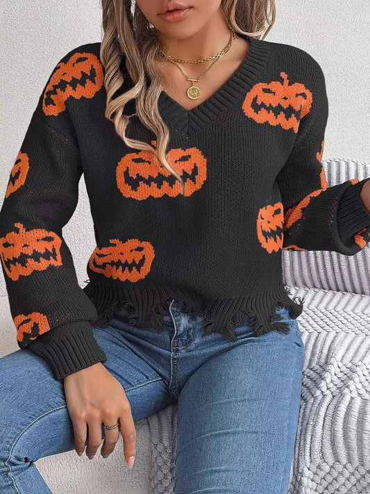 Halloween Pumpkin Pattern Raw Hem V-Neck Sweater