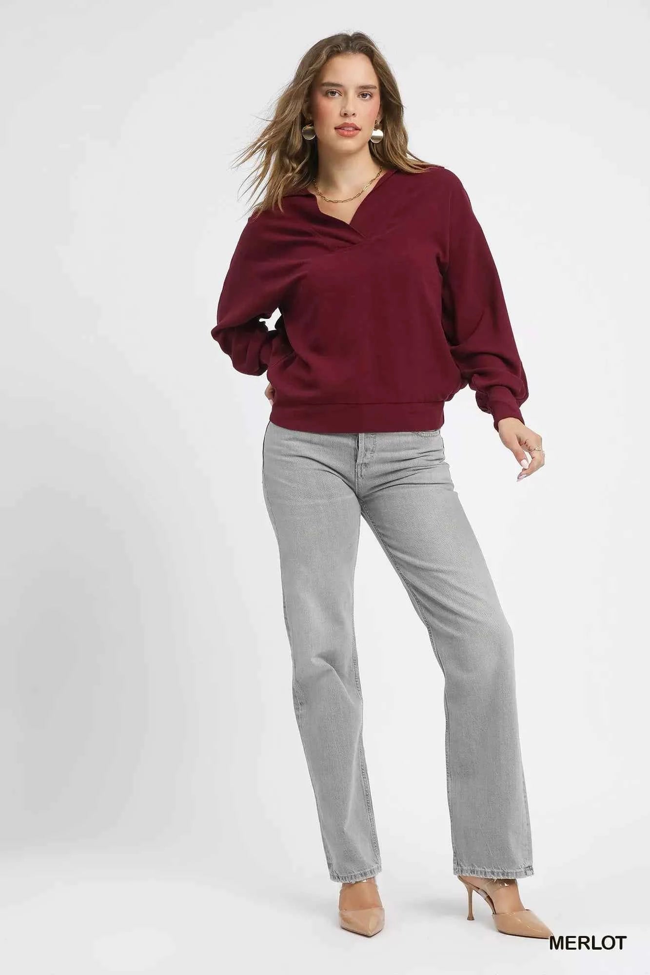 Umgee Linen Long Sleeves Elastic Hem Blouse