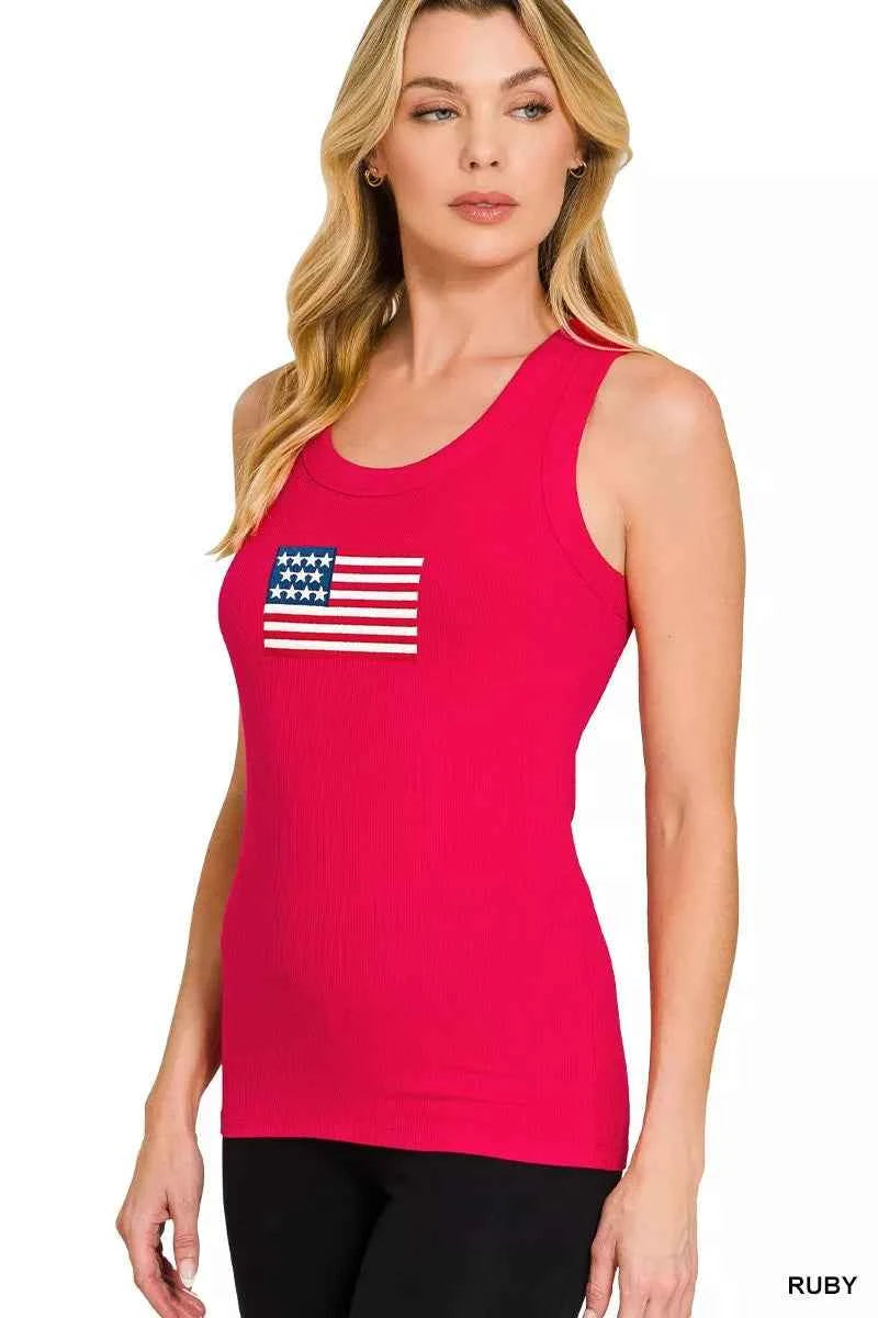 Zenana Ribbed American Flag Scoop Neck Tank Top