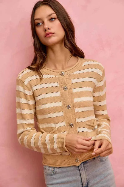 SO ME Stripe Long Sleeves Button Sweater Cardigan