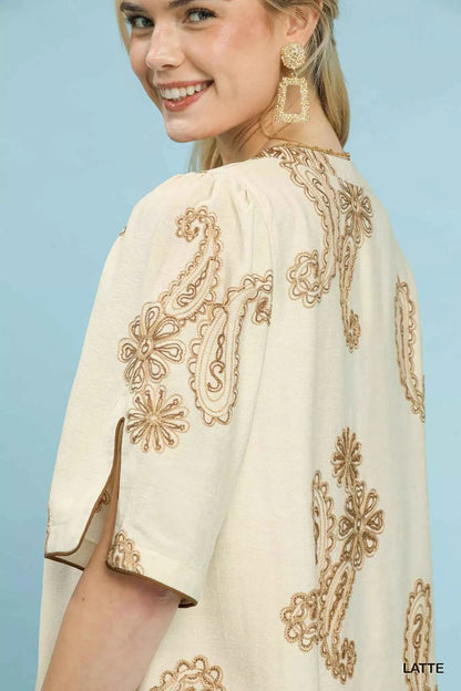 Umgee Embroidered Split Neck Shift Dress