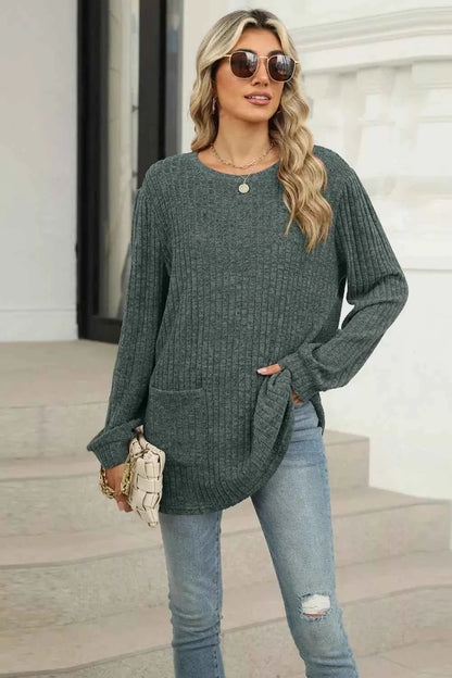 Long Sleeve Ribbed Knit Top with Front Pockets