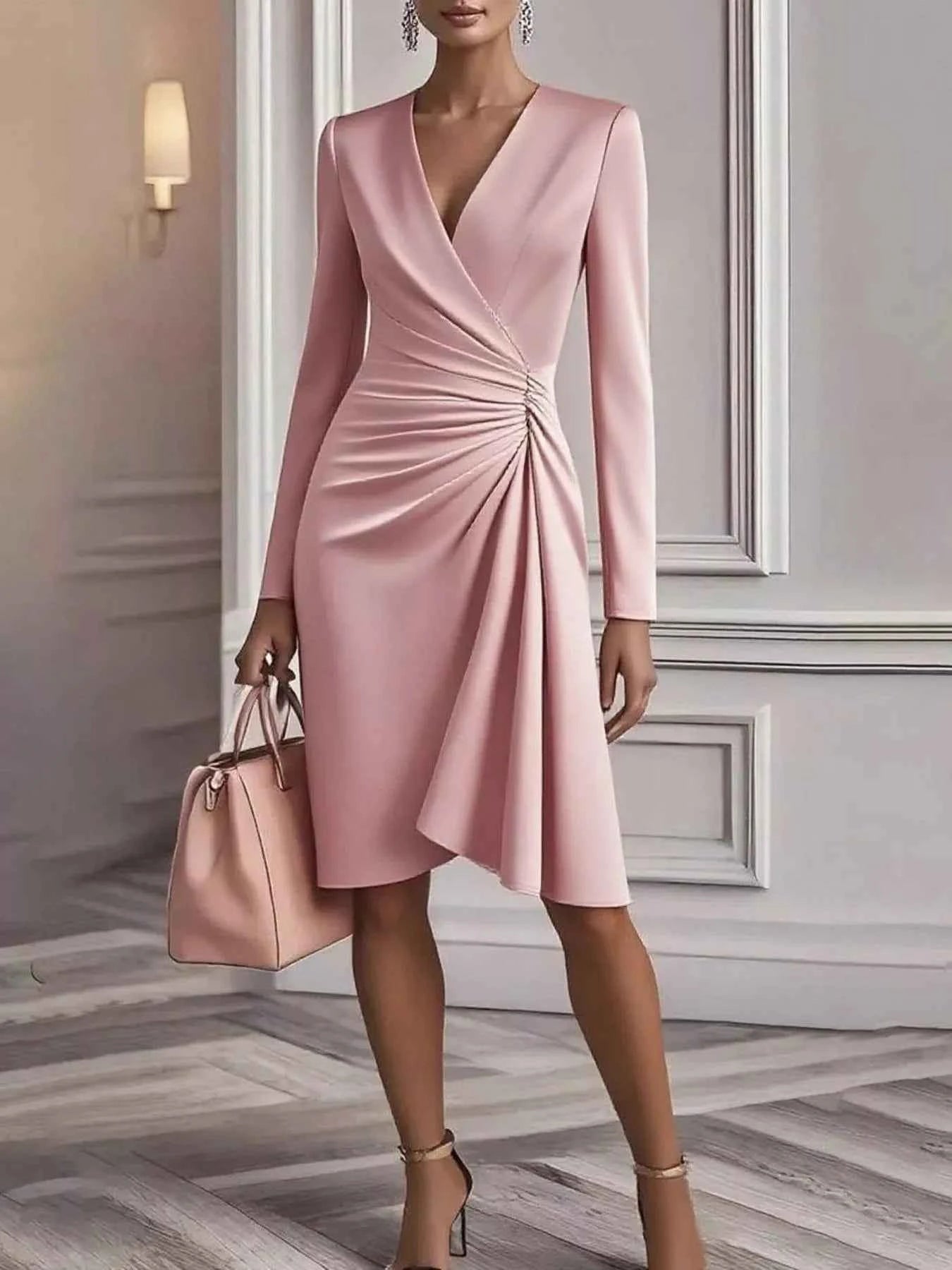 Front Ruched V-Neck Long Sleeve Dress