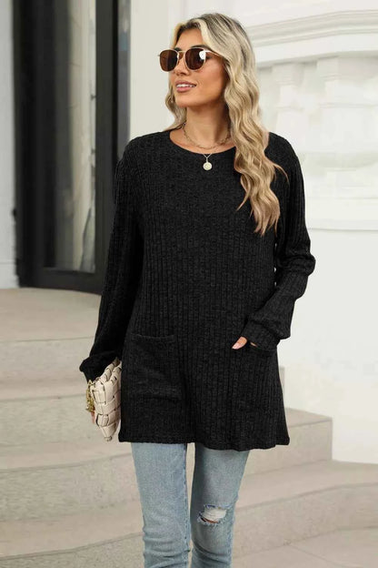 Long Sleeve Ribbed Knit Top with Front Pockets