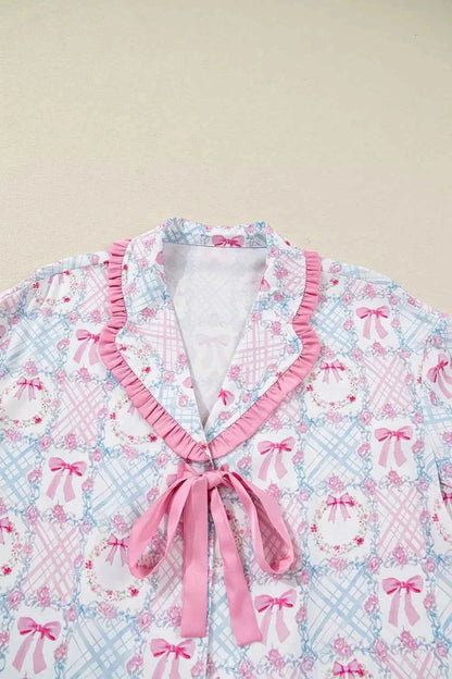 Wreath Pattern Christmas Tied Front Long Sleeve 2pcs Pajama Set