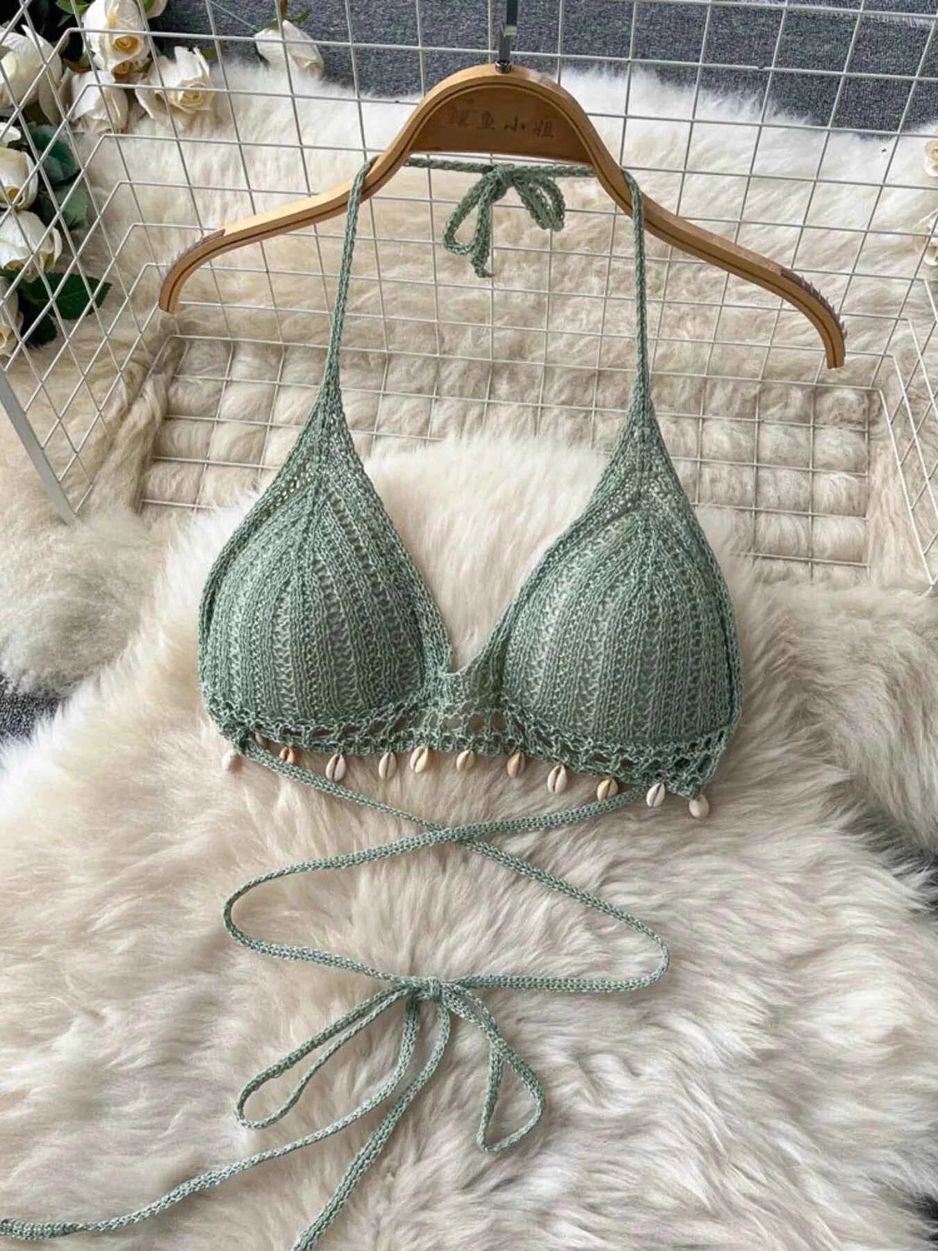 Crochet Knit Halter Neck Top and Wide Leg Pants Set