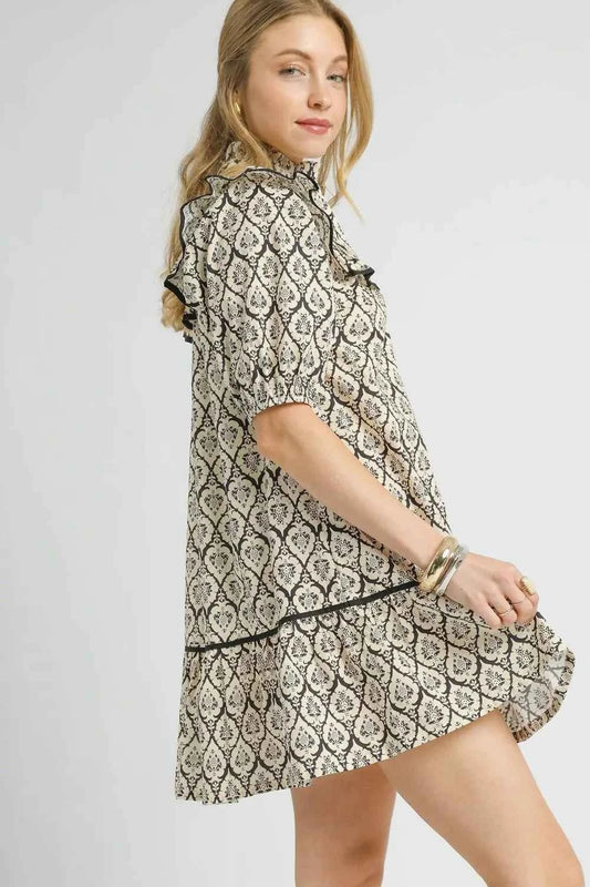 Umgee Ruffled Printed Puff Sleeve Mini Dress