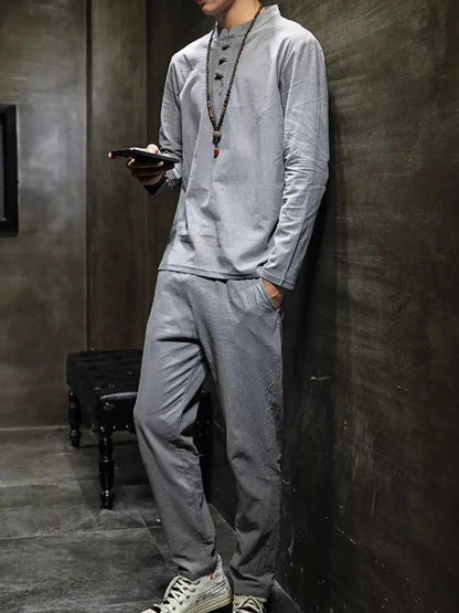 Men's Plus Size Button Detail Long Sleeve Top and Pants Set